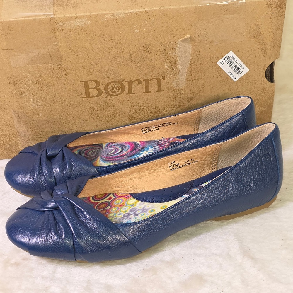 Born Julianne Ballet Flats Navy Blue Leather Knot Toe Women 7.5 New in Box